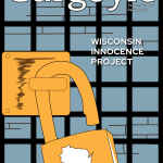 Cover of the Volume 49, Number 1 - Spring 2025 issue of The Gargoyle, featuring an illustration of a black barred cell with a padlock that is unlocked and features the Wisconsin state shape.