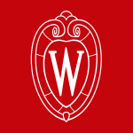 Red background with white UW crest illustration.