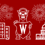 Illustration of UW Law Gargoyle in white on red.