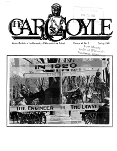 1981 Issue of the Gargoyle featuring a photo from 1920 where a parade float on a cart shows an engineer sitting at his modern desk with a lawyer sitting at one covered in what appears to be cobwebs.