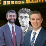 Photo collage of three men smiling in front of a photo of a hill and the exterior of the UW Law Library.