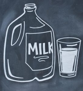 Illustration of milk gallon jar and a glass of milk.
