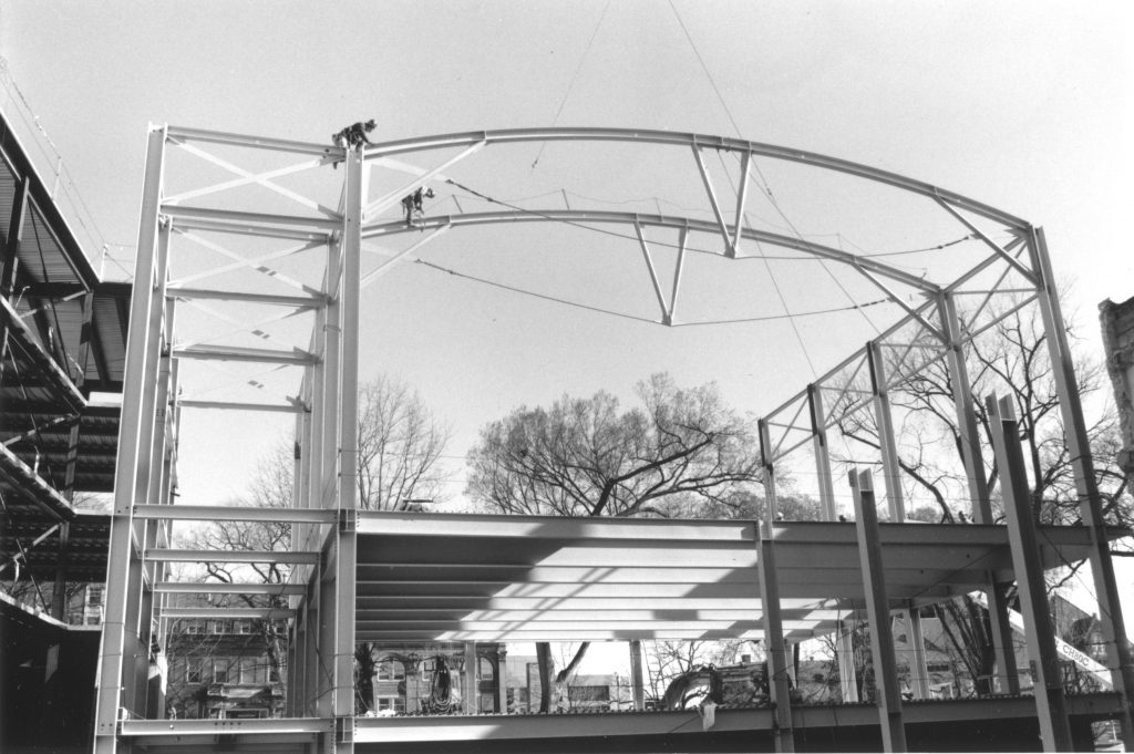 Black and white photo of exterior new Law Library under construction.