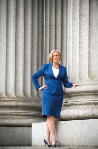 Bridget Brennan in front of columns