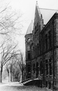 Black and white photo of exterior of old Law Building