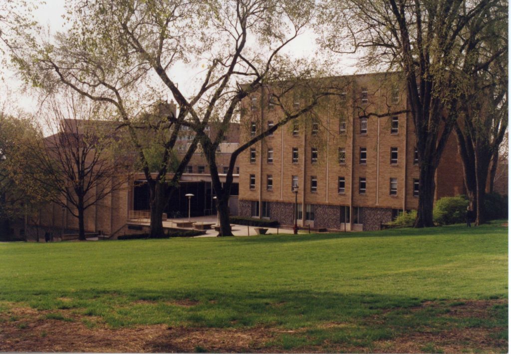 Old photo of building renovations.