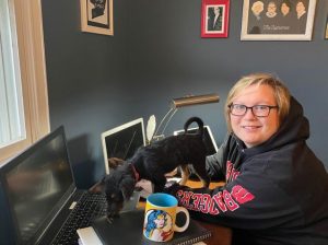 working at home with dog