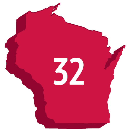 red Wisconsin with a large white 32 in the middle