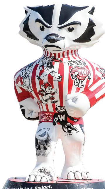 bucky the badger statue with football decorations