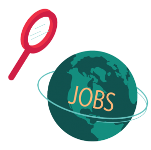 illustration of the earth with jobs written on it and a magnifying glass above it