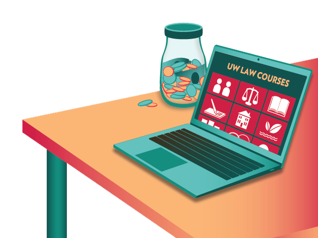 illustration of a laptop and a change jar; laptop is open to "UW Law Courses"