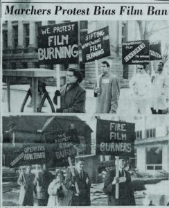 newspaper clip entitle "Marchers Protest Bias Film Ban"