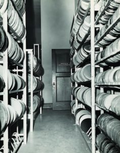black and white photo of reel storage room