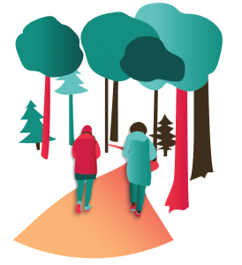 illustration of two people walking through the woods