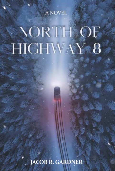 cover of the book North of Highway 8, featuring a bird's eye view of a car driving through a snowy forest