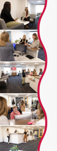 A column of photos showing the interior of the new Admissions office space overlaid with curved line graphics. The images show the following: two women talking while seated near a small table; three staff talking at the service desk; a crowd of busy people dispersed throughout the admissions office space; another perspective of the crowd of busy people in the office; another perspective of the crowd in the office.
