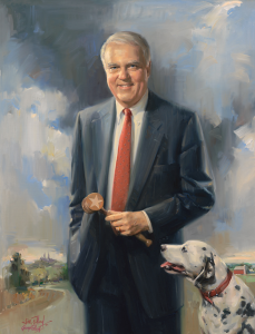 Painting of Frank James Sensenbrenner, Jr. with gavel beside spotted dog on farmland