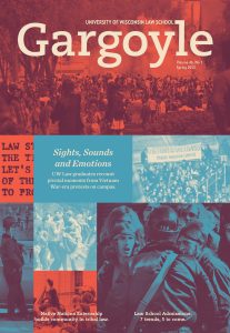 The cover of the Spring 2023, Volume 46.1 issue of the Gargoyle alumni magazine. The cover is a composite image of photographs and text blocks containing images of student protests from the Vietnam War era.
