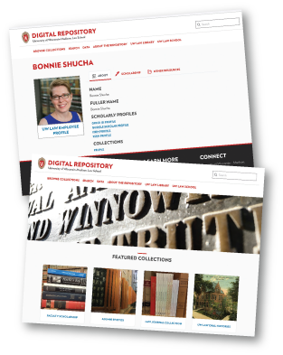 A screenshot of digital repository featuring Bonnie Shucha's About page and a screenshot of the Digital Repository homepage.