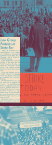 A composite image of old photographs and newspaper scans depicting crowds of protesters, protest signs, and articles about University activity during the Vietnam War era showing the following: person speaking in front of large crowd on the UW–Madison campus; Image of newspaper artical with headline reading "Law Group Protests at State Bar;" snippet of protest poster reading "Strike Today;" large crowd of spectators with two people holding a sign that reads "Vietnam for the Vietnamese: Student Mobilization Committee."