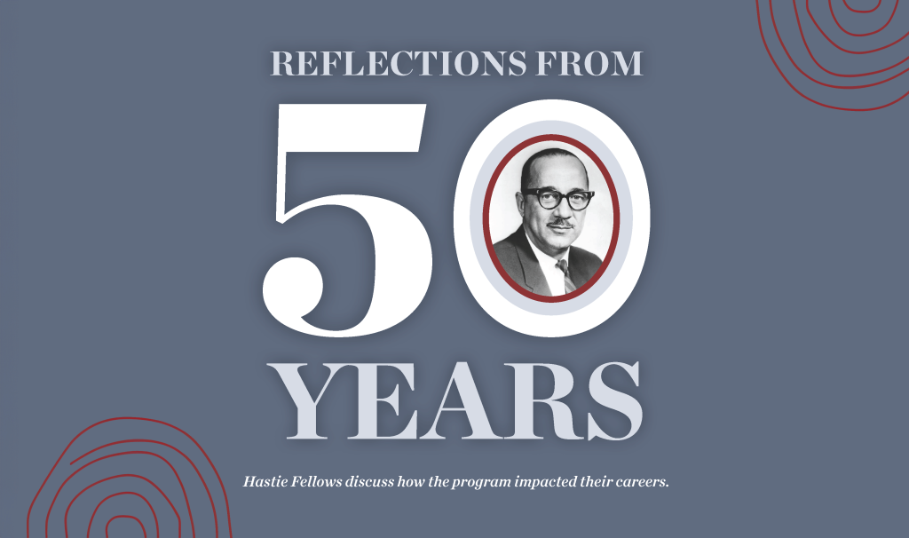 A banner image of gray blue with red swirl illustrations, and the center reads "Reflections from 50 Years: Hastie Fellows Discuss How the Program Impacted Their Careers" in the center with a photo of William H. Hastie in the center of the zero in the year.
