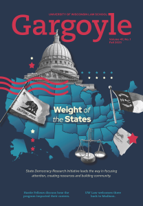 The front cover of the Fall 2023 edition of the Gargoyle, "Weight of the States," featuring various graphics of mail, scales, and flags over an image of the USA and capitol buildings.