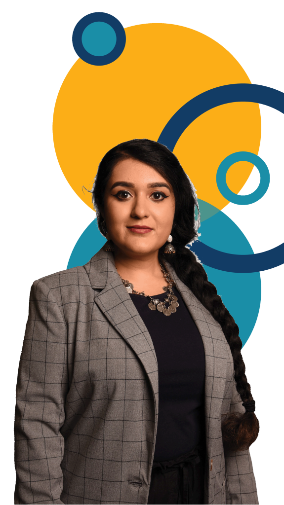 A headshot photo of Neiha Lasharie standing before circular graphics of yellow, blue, and turquoise.