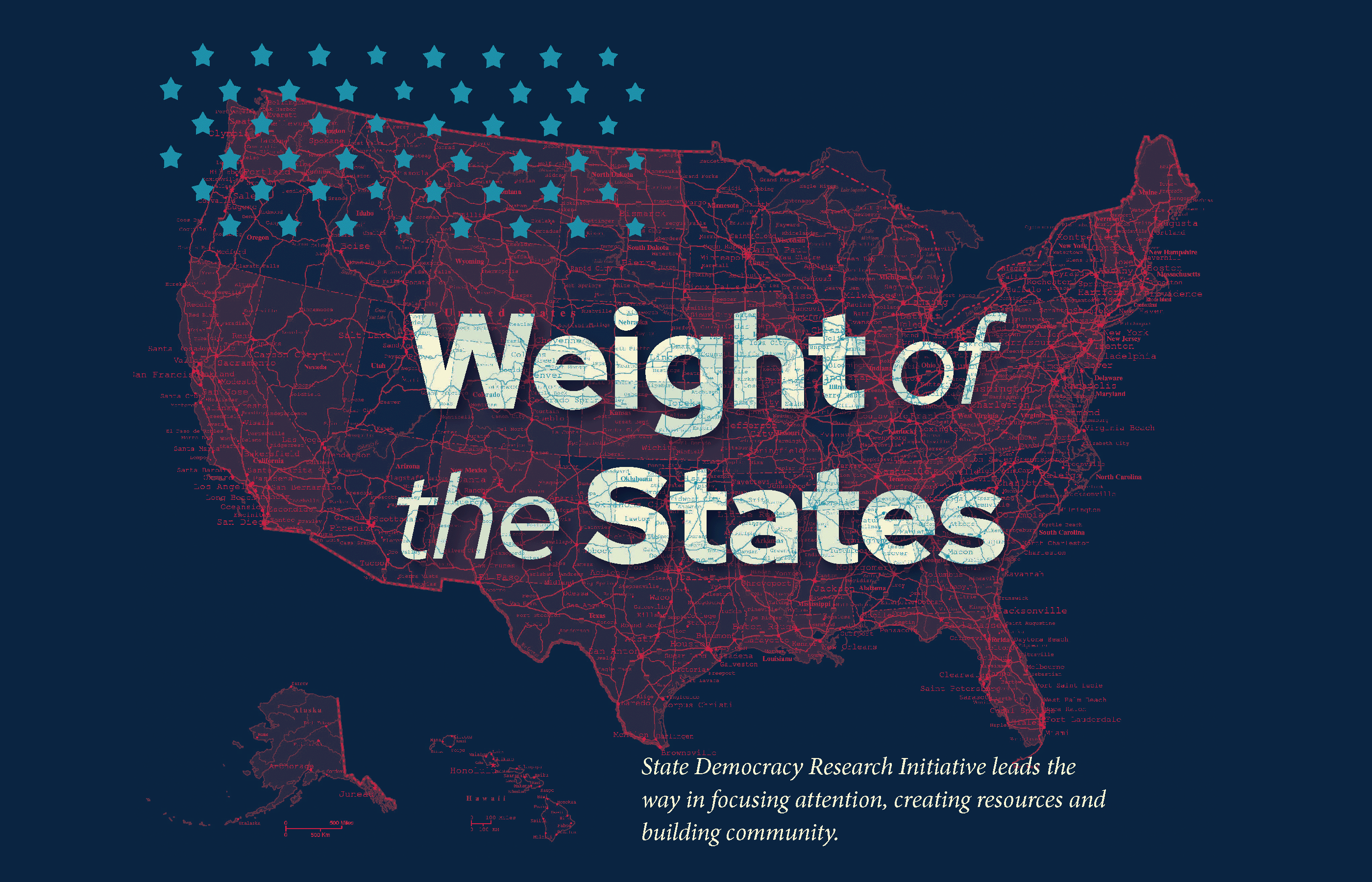An illustration of the United States in red lines on a blue background, superimposed with a series of light blue stars, and featuring the words "Weight of the States" in the center.