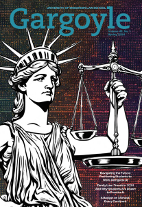 Front cover image of the Spring 2024 issue of The Gargoyle magazine, featuring AI generated artwork of an illustrated Lady Liberty holding scales.