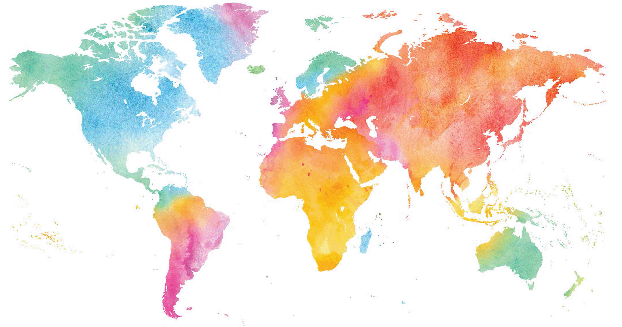 An illustrative image of a world map in a rainbow watercolor style.