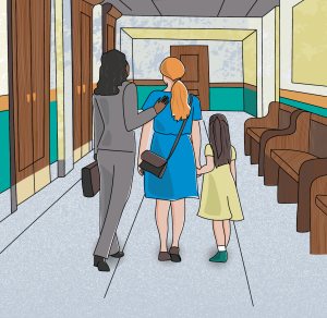 An illustration of a lawyer ushering a Woman and her child into a courtroom.