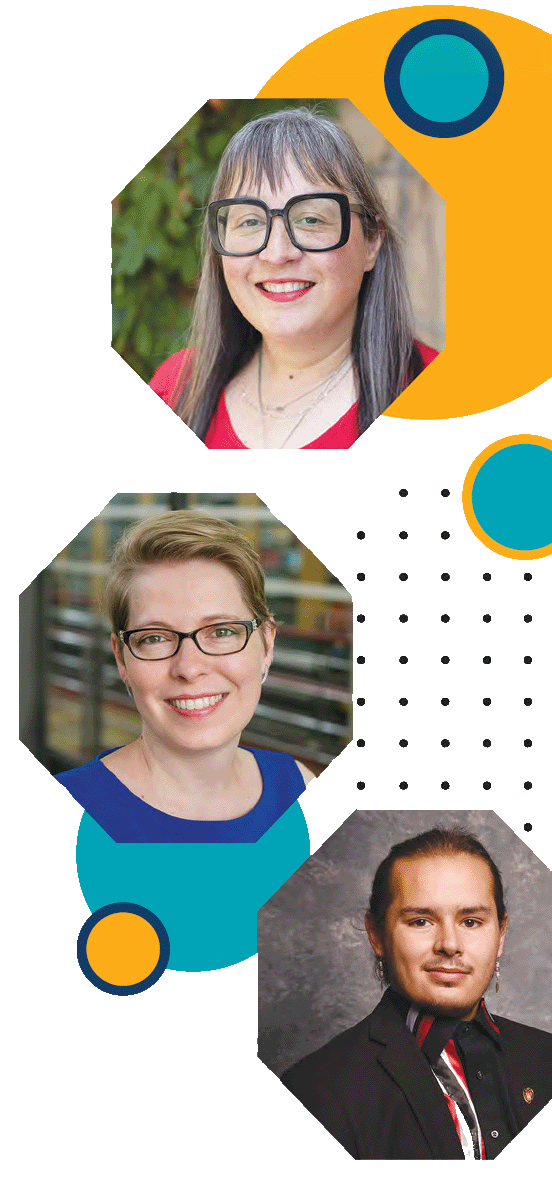 A collection of headshots starting with Amanda White-Eagle at top, Bonnie Shucha in middle, and Michael Williams at bottom all superimposed over minimalist shapes and patterns.