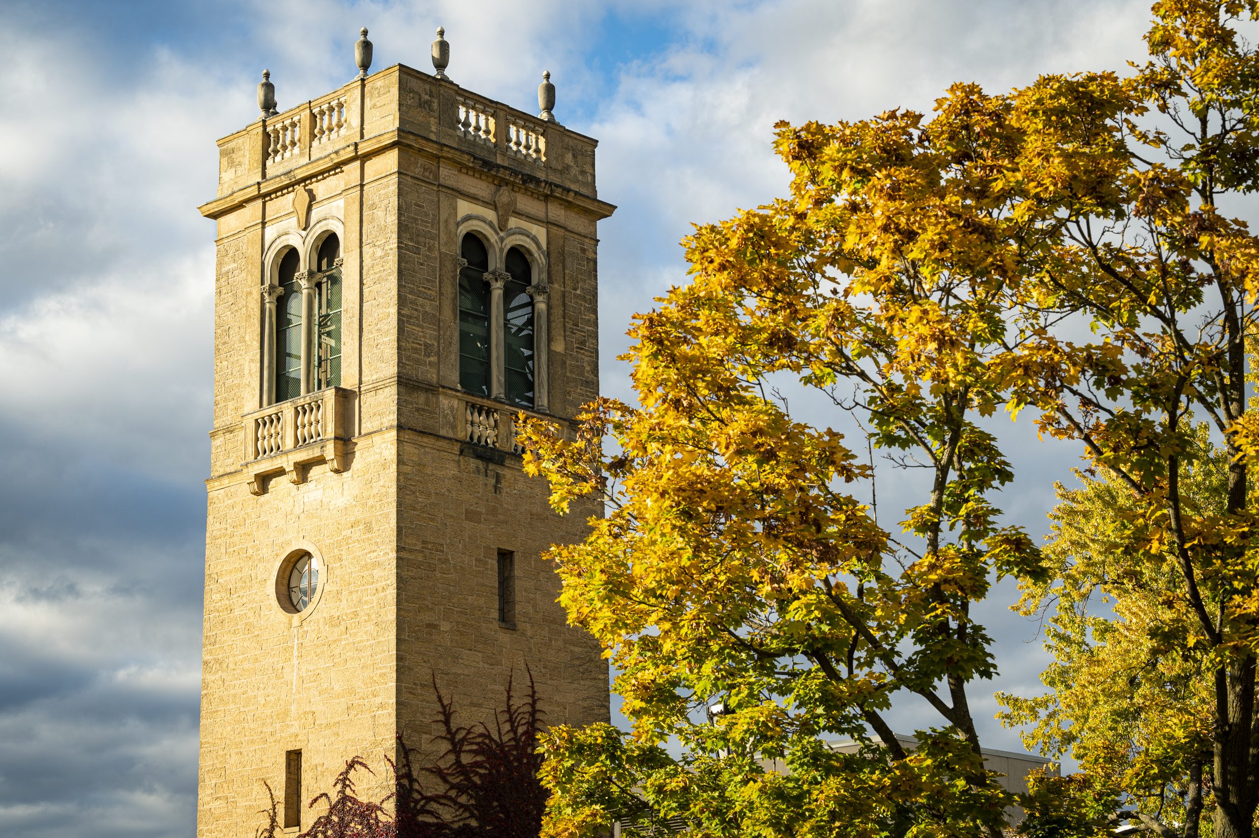 The Carrilon Tower is pictured among the colors of the fall leaves at the University of Wisconsin-Madison during autumn on November 1, 2021. (Photo by Bryce Richter / UW-Madison)