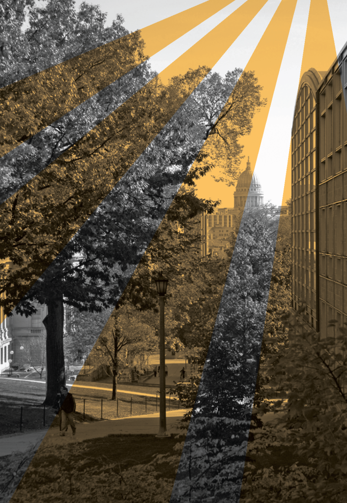 A composite image of gold rays beaming over a black and white photo of the Madison Capitol building as seen from Bascom Hill.