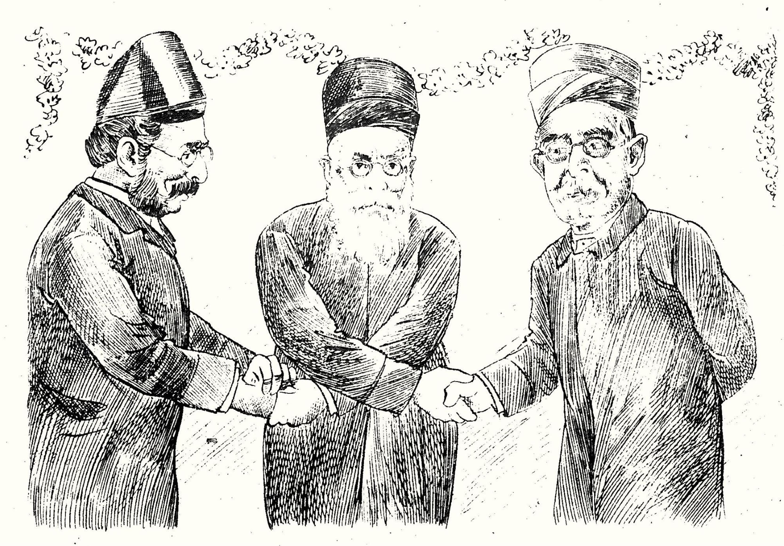 A scan of a historical drawing showing three figures shaking hands. This image depicts three Parsi greats from the early constitutionalist phase of the Indian National Congress: Pherozeshah Mehta, Dadabhai Naoroji and Dinsha Wacha. The article argues they bridged Parsi legal culture and Indian constitutionalism.