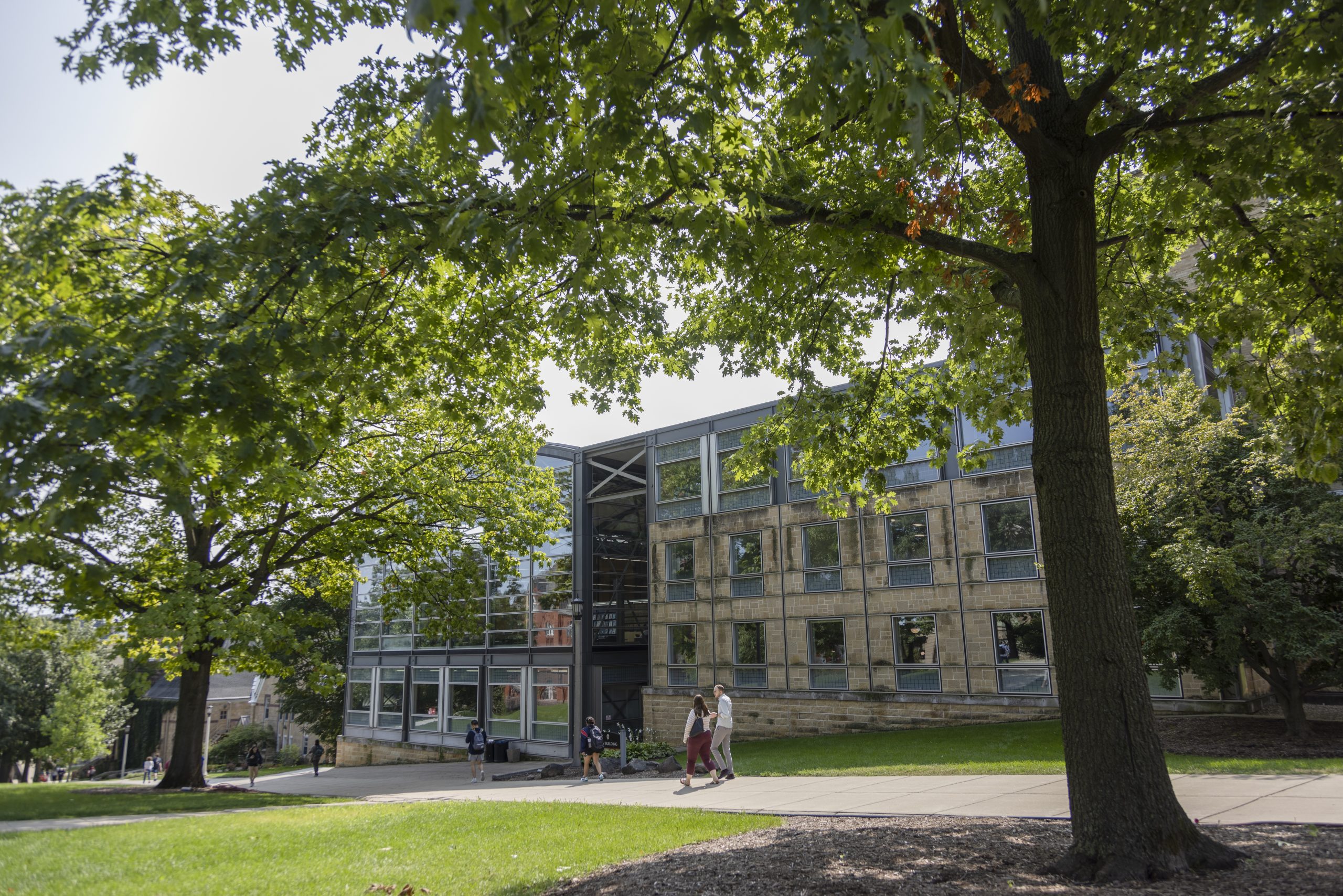 Exterior photo of the Law School Building and Law Library Atrium.