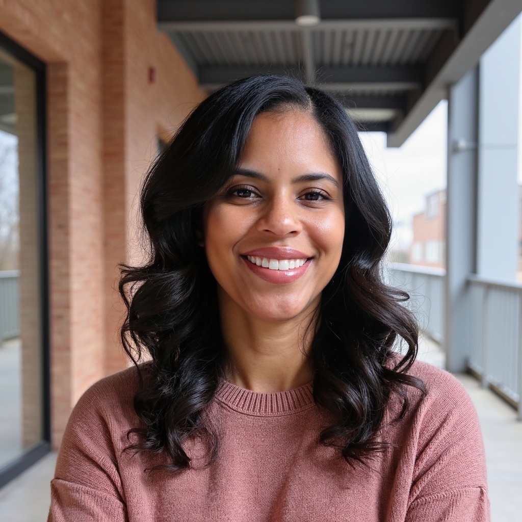 Photo of Camille, a young, black woman with a warm smile, long black hair, and wearing a pink sweater.